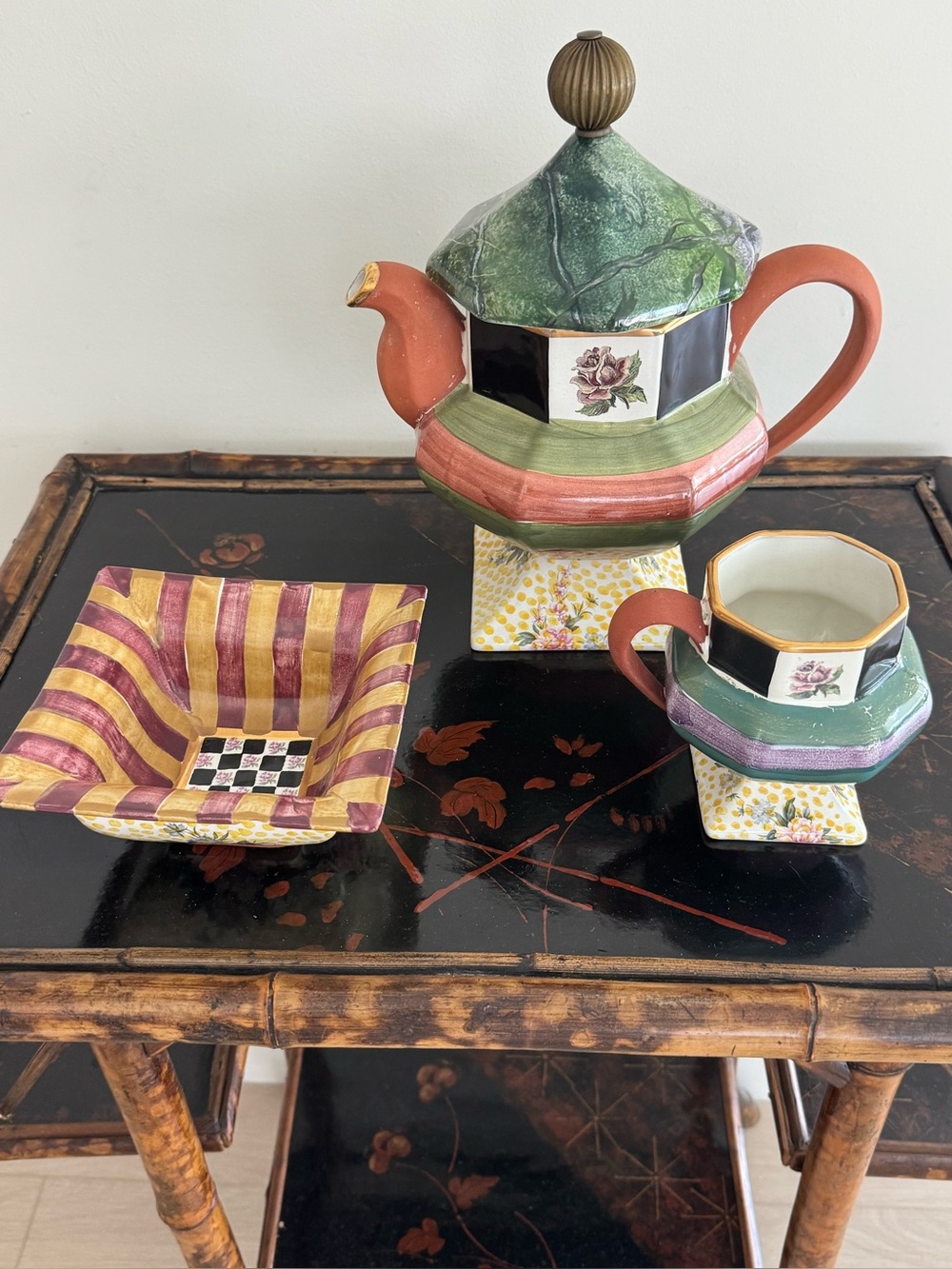 Vintage MacKenzie-Childs Ceramic Tea Coffee Pot/Creamer/bowl vintage set